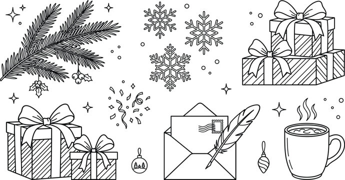 Christmas and winter holiday line icon set with gift boxes pine branch snowflakes envelope with feather and coffee mug