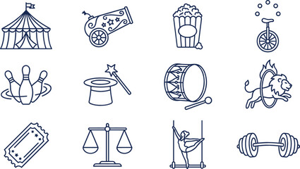 Circus line art icon set featuring carnival tent popcorn magic hat unicycle ticket and trained lion performance vector illustration elements © Mdjony