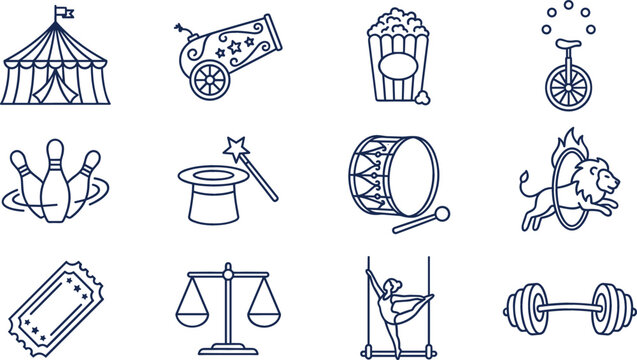 Circus line art icon set featuring carnival tent popcorn magic hat unicycle ticket and trained lion performance vector illustration elements