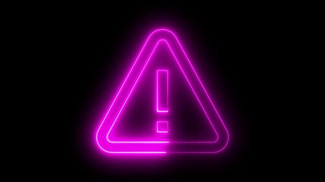Neon pink glowing exclamation mark warning triangle sign on black background, magenta