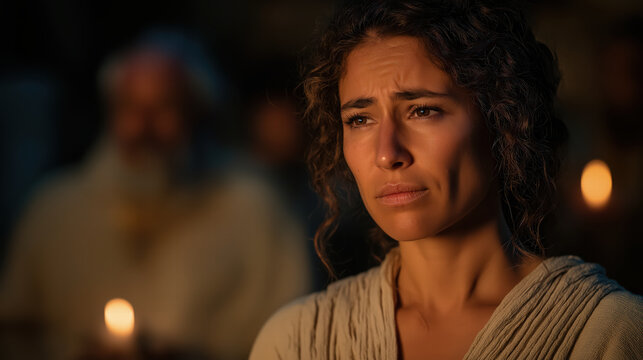Hannah praying silently in temple with tears, candlelit sacred interior as priest watches from a distance