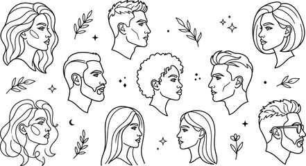 Diverse people profile portraits line art vector set featuring elegant male and female faces with modern hairstyles silhouettes © MdShakib