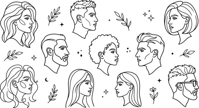 Diverse people profile portraits line art vector set featuring elegant male and female faces with modern hairstyles silhouettes