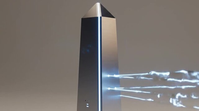 A futuristic metallic obelisk emits glowing blue energy beams in a minimalist studio setting, with the camera gradually zooming in on the mysterious structure.