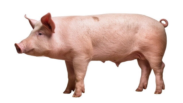 Pink pig with curly tail standing profile view