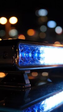 Emergency vehicle light bar flashing blue and white lights at night, mounted on a black car roof with blurred city lights in the background