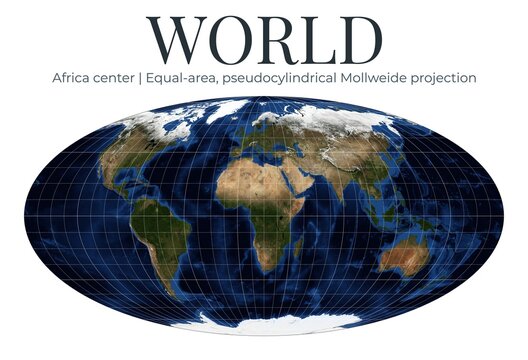 World Map. Mollweide projection, Africa center, equal-area view. High detail physical Earth map. April View. Elements of this image furnished by NASA.