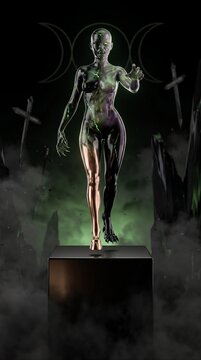 Celestial Obsidian Black Sickly Green Crystal Mythic Shapeshifter Of Abyss Levitating Above Obsidian Pedestal
