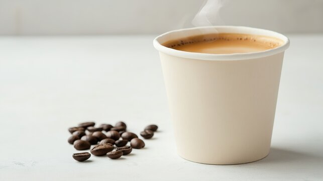 Steaming hot coffee in white paper cup on light background, dark coffee beans scattered around, simple food still life, minimalist beverage scene for catering and coffee themed design.