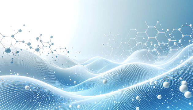 Abstract scientific wave pattern with hexagonal molecules and floating spheres, representing nanotechnology and molecular structures