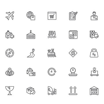 Logistics and shipping service icon set showing transportation methods cargo handling symbols global delivery concepts for business logistics