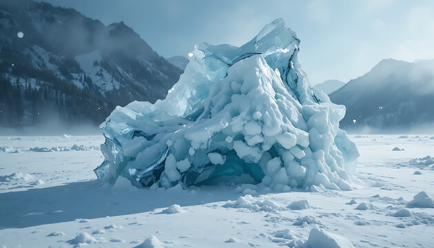Large jagged formation of translucent bluish ice and snow resting on frozen landscape with distant snow-covered mountains under pale sky
