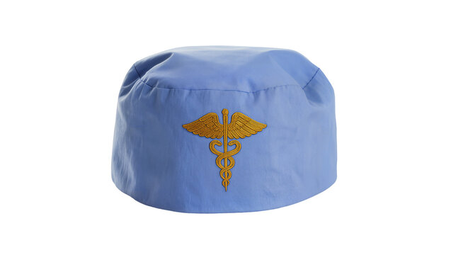 Blue surgical cap with golden caduceus symbol