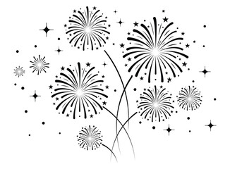Obraz premium Black firework bursts with stars and dots over a clean white background.