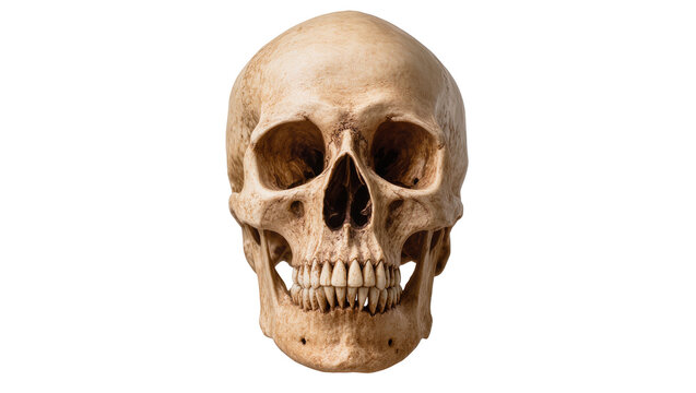 Human skull front view detailed bone texture, empty eye sockets