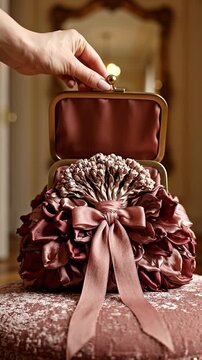 Elegant fabric handbag with ruffled design and bow detail, positioned on a plush ottoman in a softly lit room with a decorative mirror in the background
