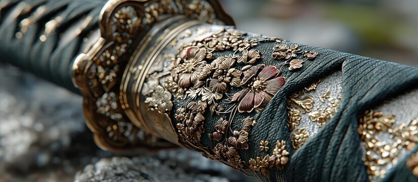 Close-up of a sword hilt adorned with intricate floral designs in gold and muted colors