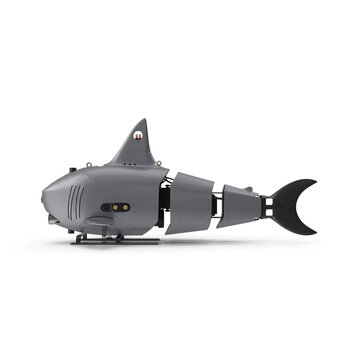 Shark-shaped underwater Submarine 3D ocean sea water PNG drone, dorsal fin, tail fin, front camera, sensor ports, and landing skids in grey isolated on White