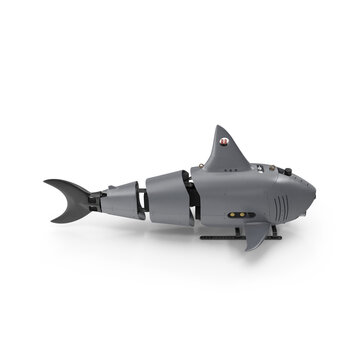 Shark-shaped underwater Submarine 3D ocean sea water PNG drone, dorsal fin, tail fin, front camera, sensor ports, and landing skids in grey isolated on White