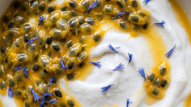 Extreme Macro Yellow Passionfruit Pulp over Smooth White Coconut Cream