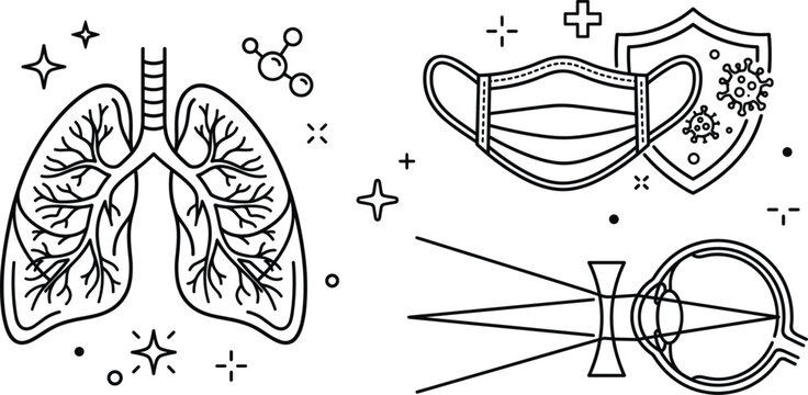 Medical and healthcare line icon set with human lungs medical face mask virus protection shield and eye anatomy