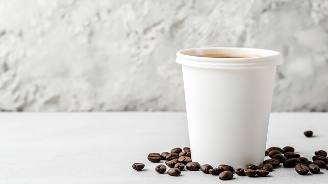 Steaming hot coffee in white paper cup on light background, dark coffee beans scattered around, simple food still life, minimalist beverage scene for catering and coffee themed design.