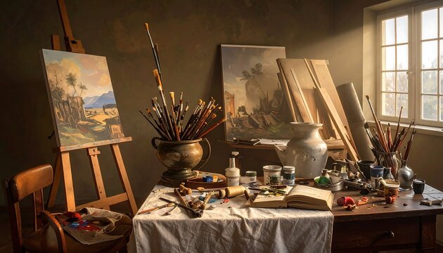 A cluttered artist's workspace with paintings, brushes, and supplies on a table and easel
