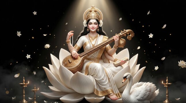 Hindu goddess saraswati sitting on a large lotus flower playing veena with swan and traditional oil lamps in a divine spiritual atmosphere celebrating vasant panchami festival of knowledge