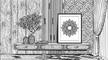 Fototapeta premium Modern interior illustration with a mandala frame and bohemian pattern wallpaper featuring intricate wood textures and room decor