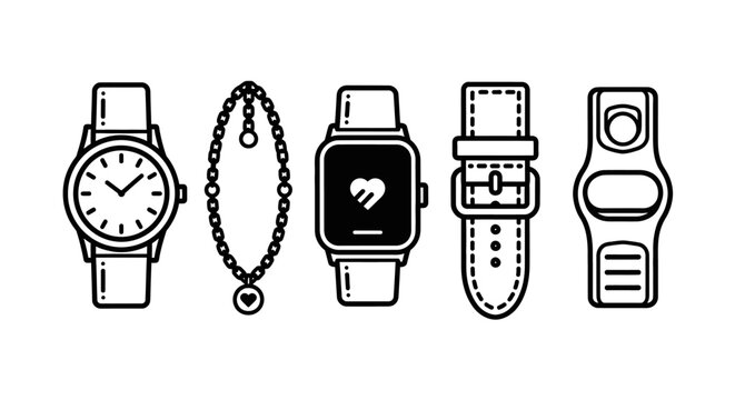 Collection of wristwatches and smartwatch devices with straps in linear illustration style