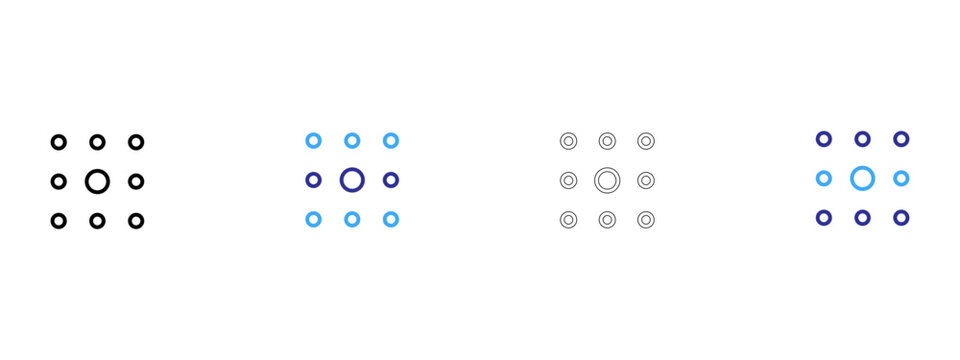 Set of four different dice faces showing numbers one to six with dots in blue and black colors isolated on transparent background, Vector