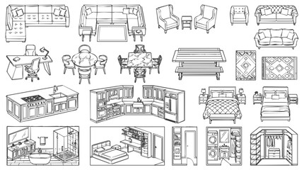 Naklejka premium Comprehensive collection of furniture and interior home design room sketches including sofa, kitchen, bedroom, and bathroom layouts for planning.