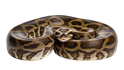 Fototapeta premium Burmese python coiled with intricate brown and yellow patterned scales