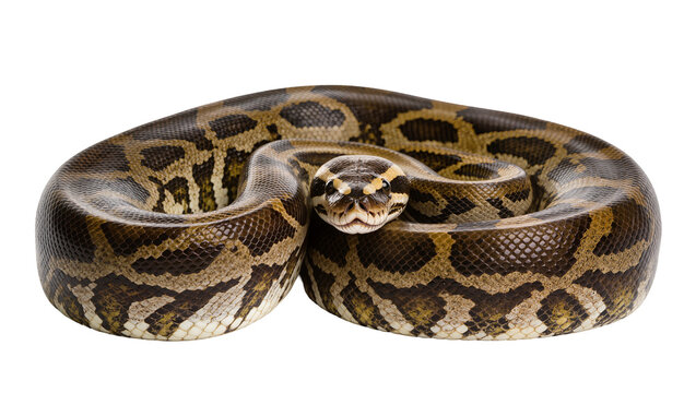Burmese python coiled with intricate brown and yellow patterned scales
