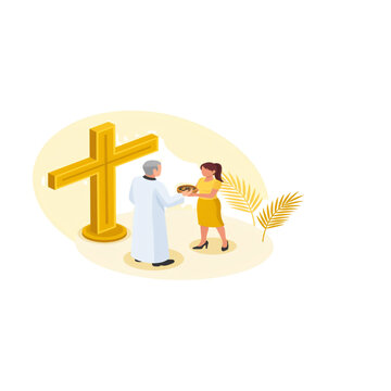 Church collection isometric vector illustration, priest receiving tithe or offering from woman near golden cross