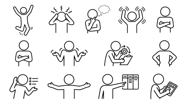 People body language, workplace emotions, and problem solving line icon set. Person character gestures, variant poses, and office action vector illustration.