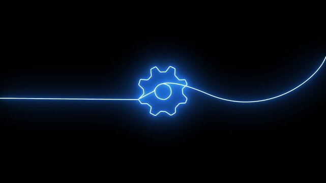 Operating system upgrade concept, software updating and process . Glowing neon gear setting icon animation on black background.