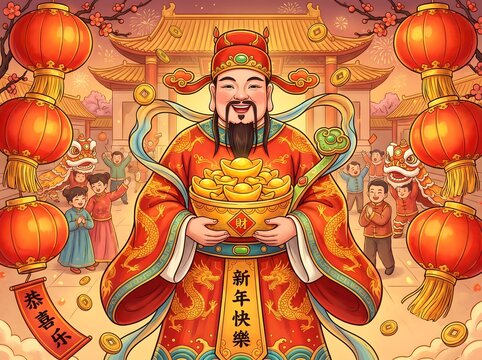 Chinese God of Wealth Holding Gold Ingots During Lunar New Year Celebration with Happy Children and Lion Dance in Traditional Setting for Prosperity and Good Fortune