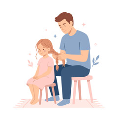 Obraz premium Father braiding daughters hair with love and care on a stool at home