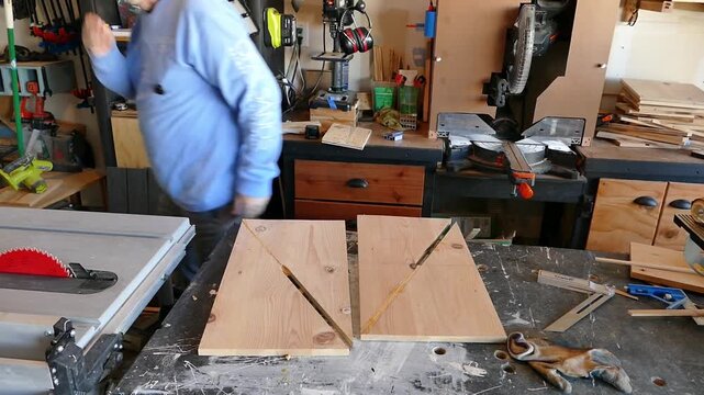Two timber pieces are dry fitted through a diagonal slot, checked for alignment, then pulled apart again after the test fit on wood table