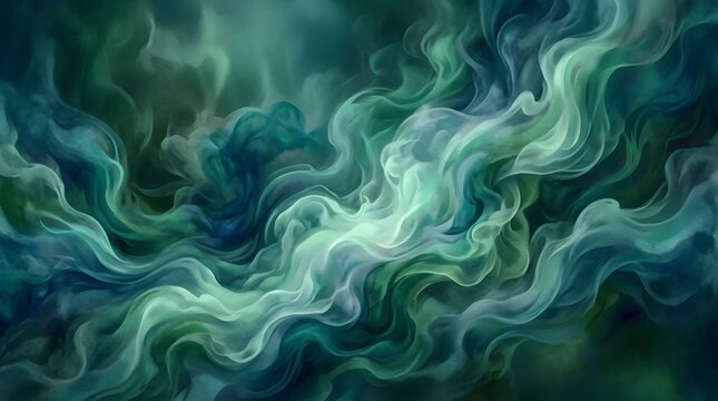 Abstract emerald green and teal swirls background with mystical organic fluid waves and texture