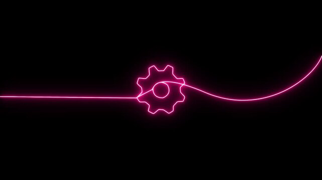 Operating system upgrade concept, software updating and process . Glowing neon gear setting icon animation on black background.