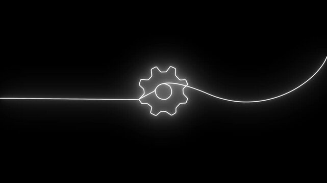 Operating system upgrade concept, software updating and process . Glowing neon gear setting icon animation on black background.