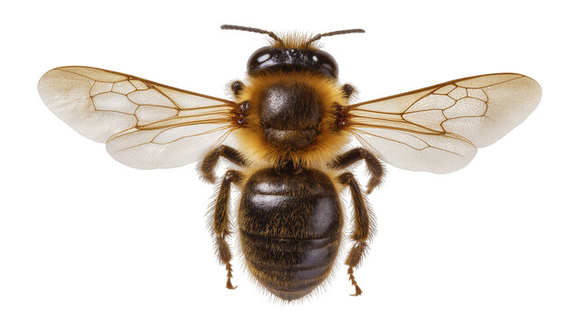 Honey bee with spread wings top view, detailed macro shot