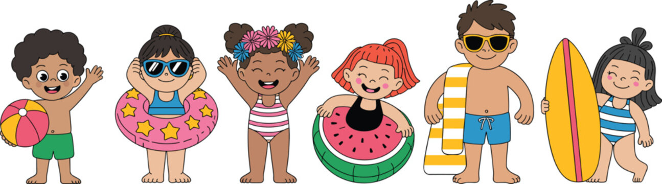 &ldquo;Cheerful cartoon children in beachwear vector set with swimsuits, floats, surfboard, sunglasses, and playful summer accessories&rdquo;