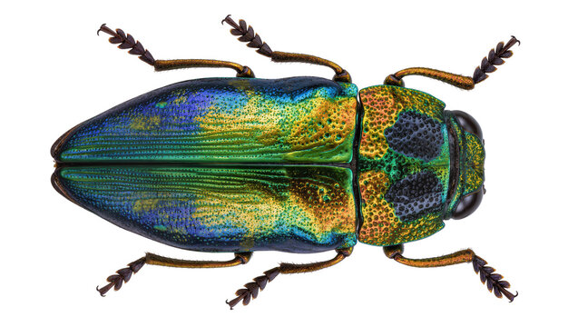 Iridescent metallic jewel beetle with colorful elytra and thorax