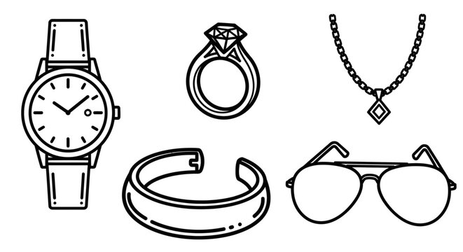 Vector illustration of elegant fashion accessories including a watch ring necklace bracelet and sunglasses in black and white