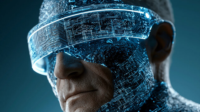 Cybernetic Vision: A man's face is partially obscured by a futuristic cybernetic visor, with glowing blue circuits integrated into his skin, representing advanced technology and human augmentation.