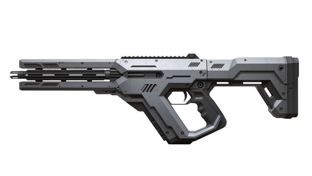 Futuristic sci-fi assault rifle with angular design and multiple barrels