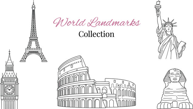 Landmarks collection, eiffel tower, big ben, colosseum, statue of liberty, sphinx, black and white